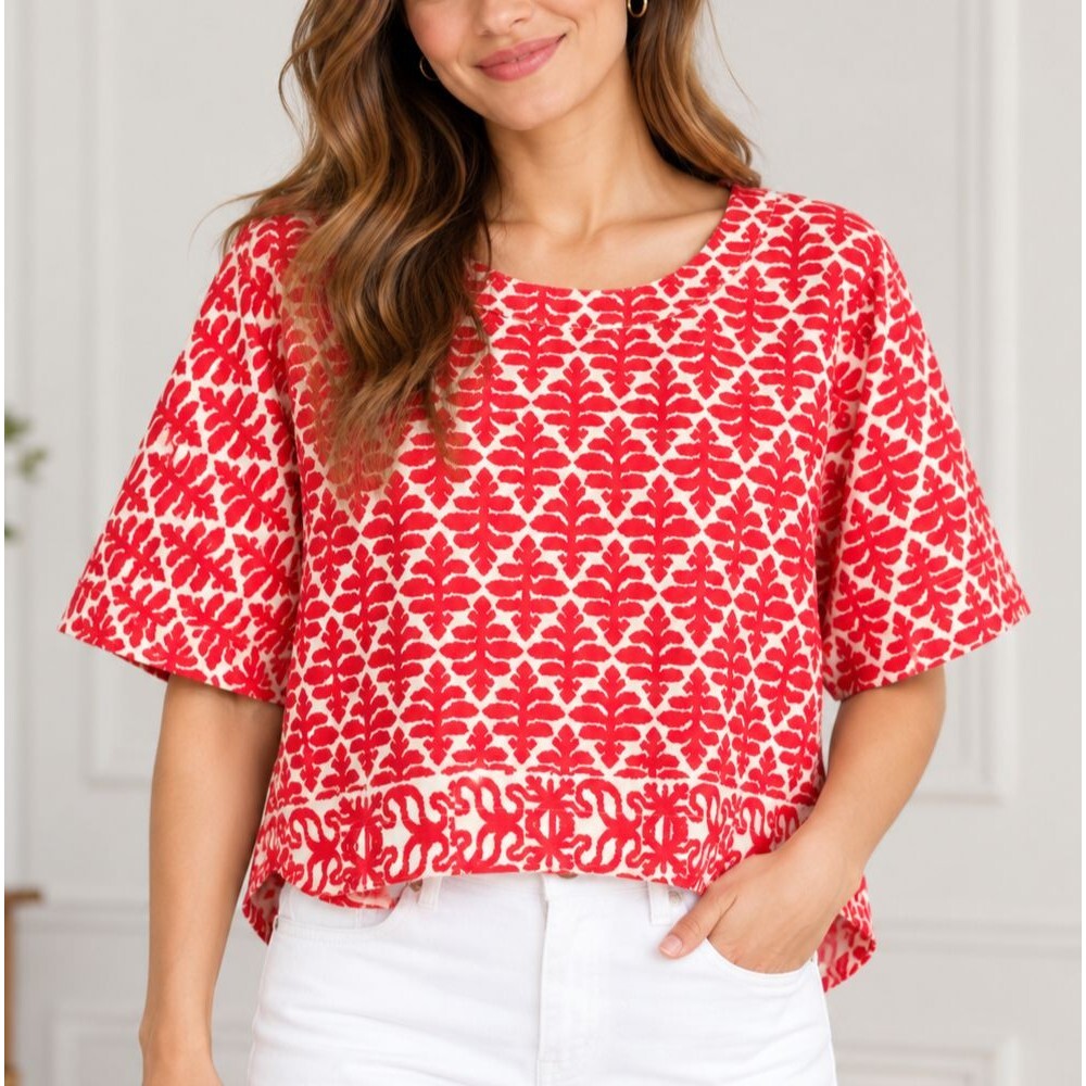 Madewell 1937 Providence Geometric Ikat Red White Cotton Blouse Large NWOT